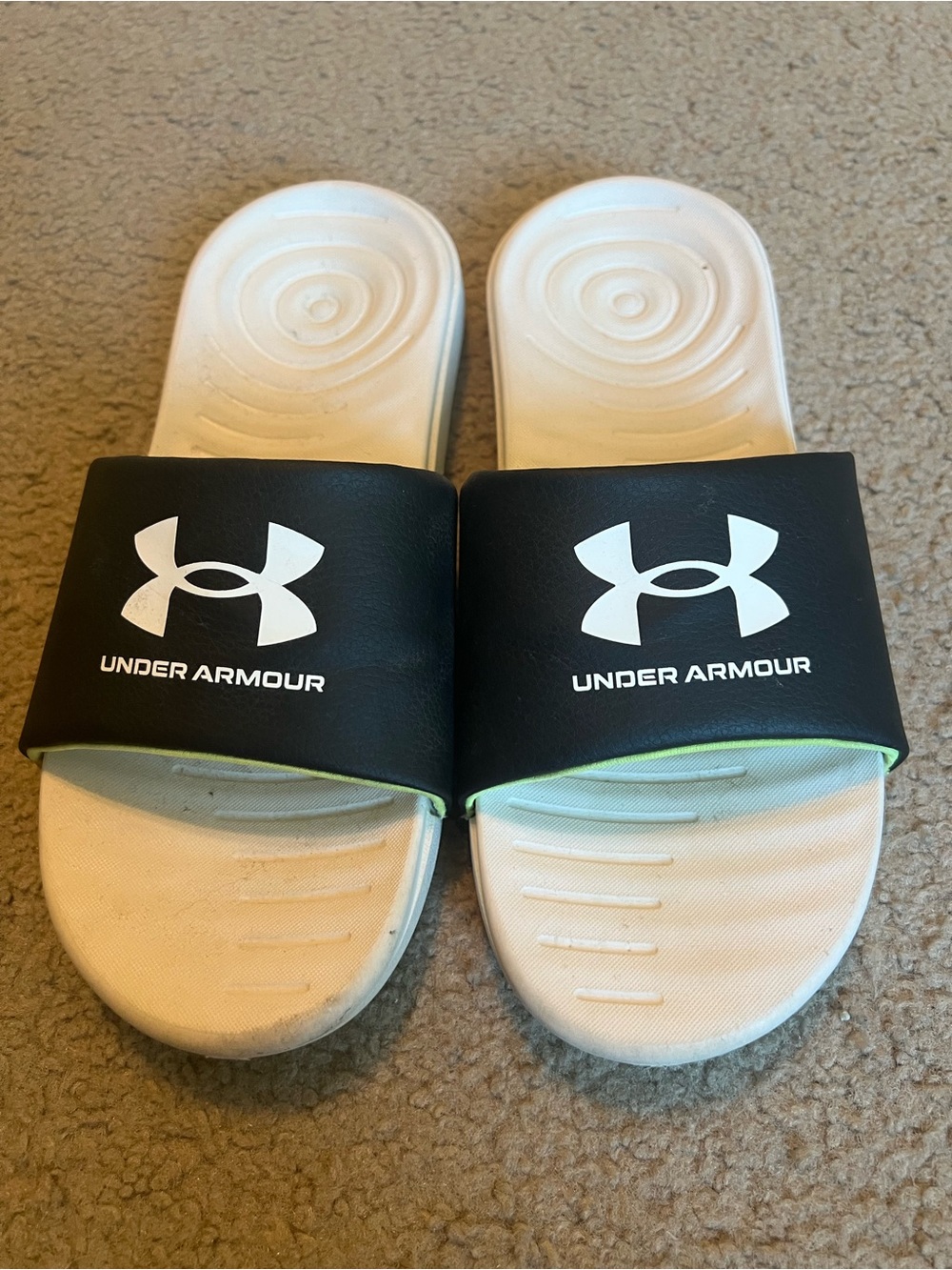 Under Armour Kids Black Strap White Footbed Slide Sandals with Lime Trim